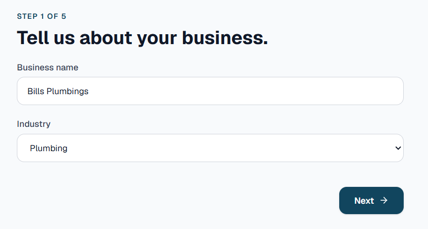 Step 1 of the Webpresa build wizard: business name and industry