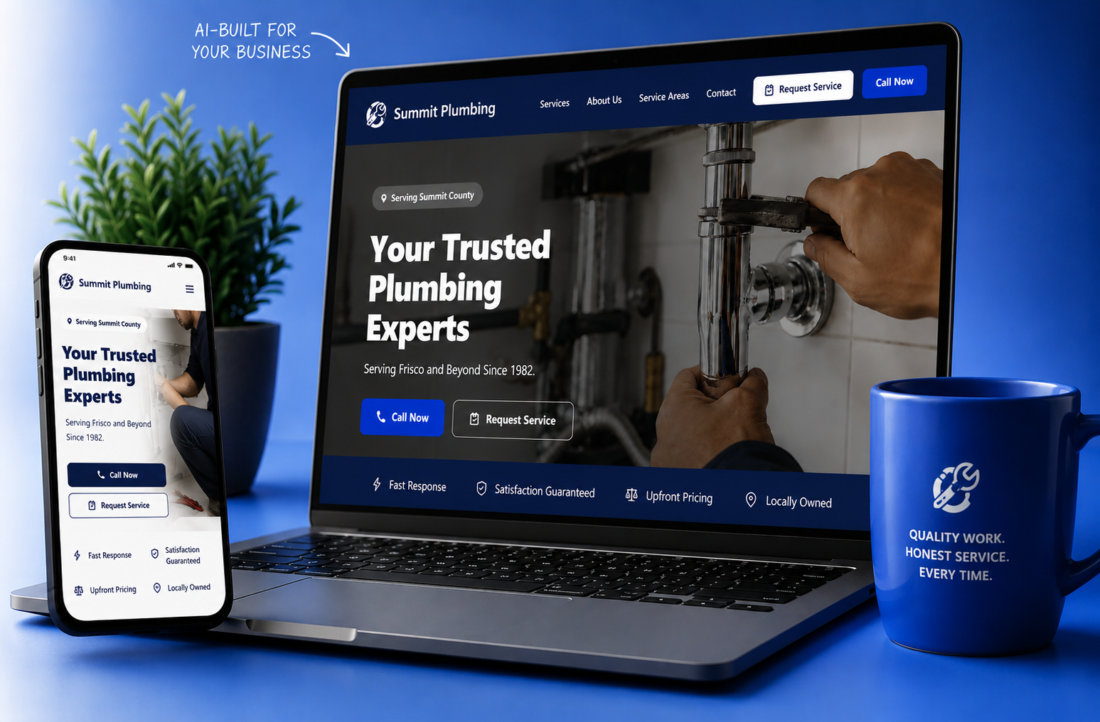 A laptop and phone displaying a website Webpresa built for a plumbing business